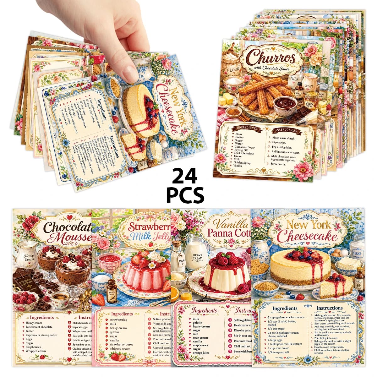 24pcs Vintage Bakery Dessert Recipe Cards,Gourmet Pastry Guide Card,For Bakery Shop Wall Display Decor,Food Themed Greeting Card