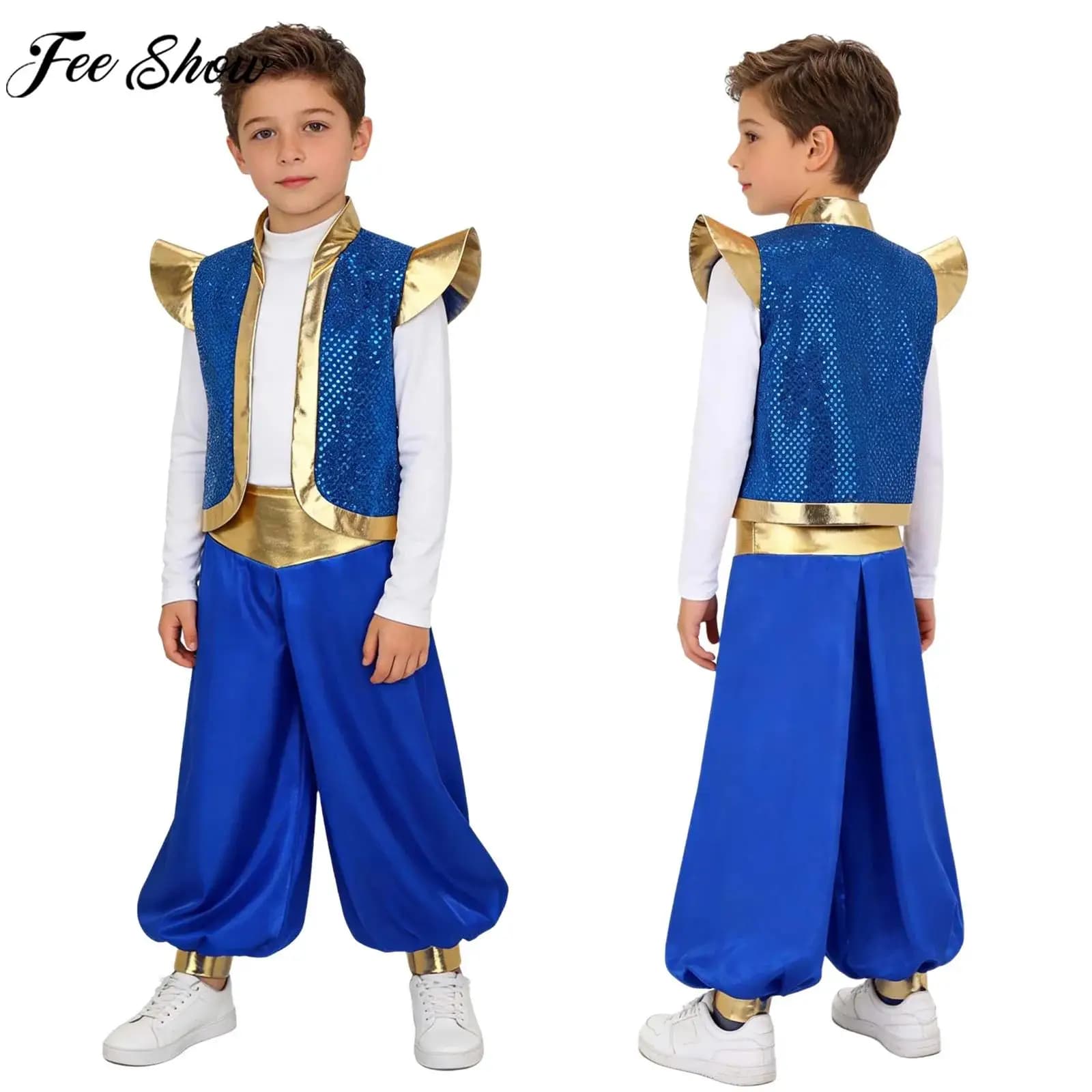 Costume da Principe Arabo per Halloween per Ragazzi, Gilet con Paillettes e Pantaloni Larghi in Raso, Outfit da Personaggio della Lampada Magica delle Fiabe
