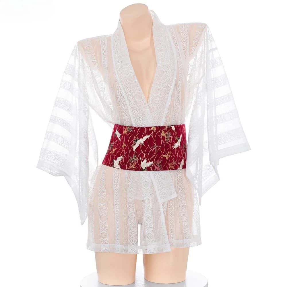 Ragazza anime giapponese Kimono Yukata Accappatoio Abiti Costume Cosplay Tulle Pizzo Bianco Vedere attraverso indumenti da notte Giochi di ruolo Biancheria intima