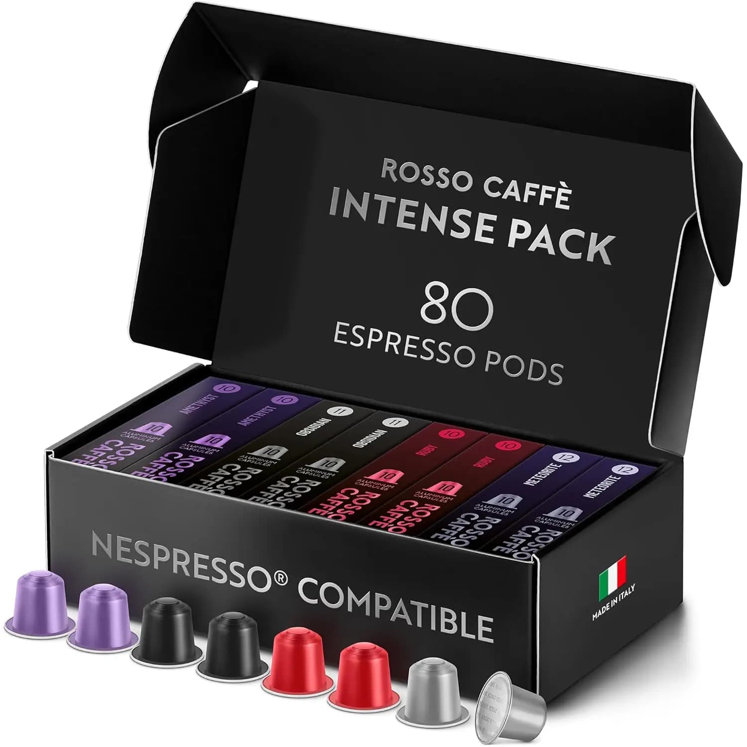 80 Capsule di Espresso Intenso per Macchine Nespresso Original - Tostatura Scura, 4 Gusti Robusti, Prodotte in Italia