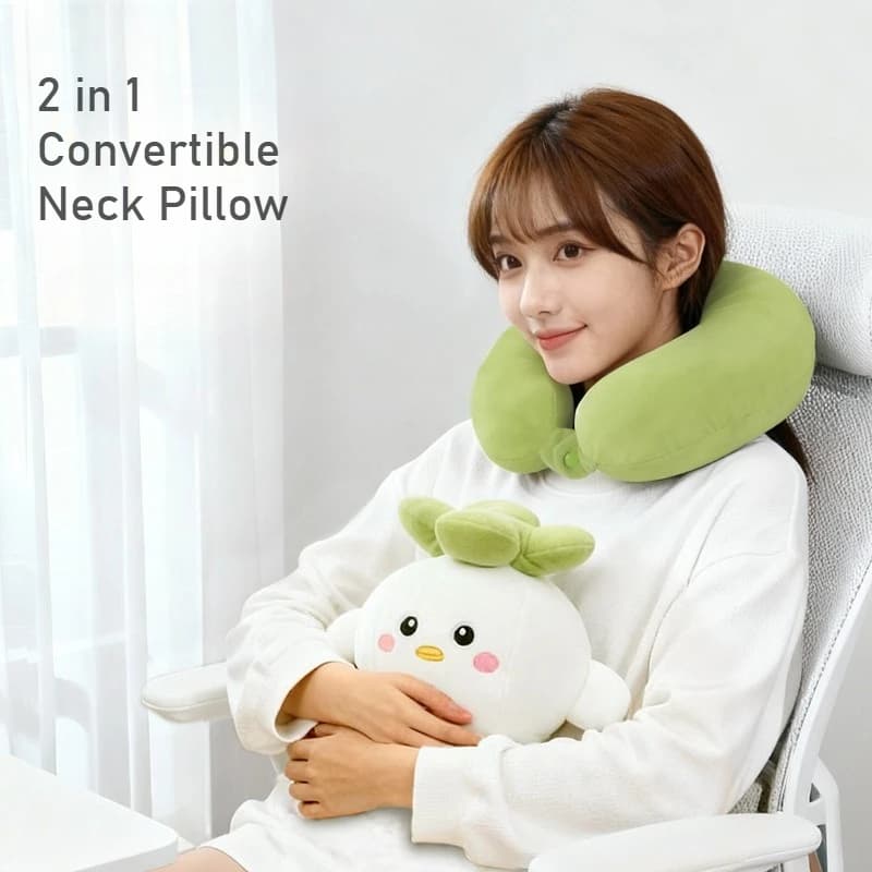 Adorable 2-in-1 Transformable Neck Pillow Microbeads Filling Inside Support Pillow for Travel Office Naps Convertible Plush Toy