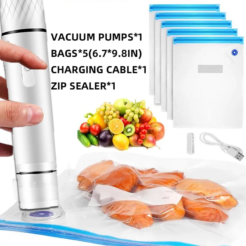Sigillatrice Sottovuoto Portatile con 5 Sacchetti Riutilizzabili con Chiusura a Zip per la Conservazione della Freschezza di Frutta, Verdura, Carne e Pesce