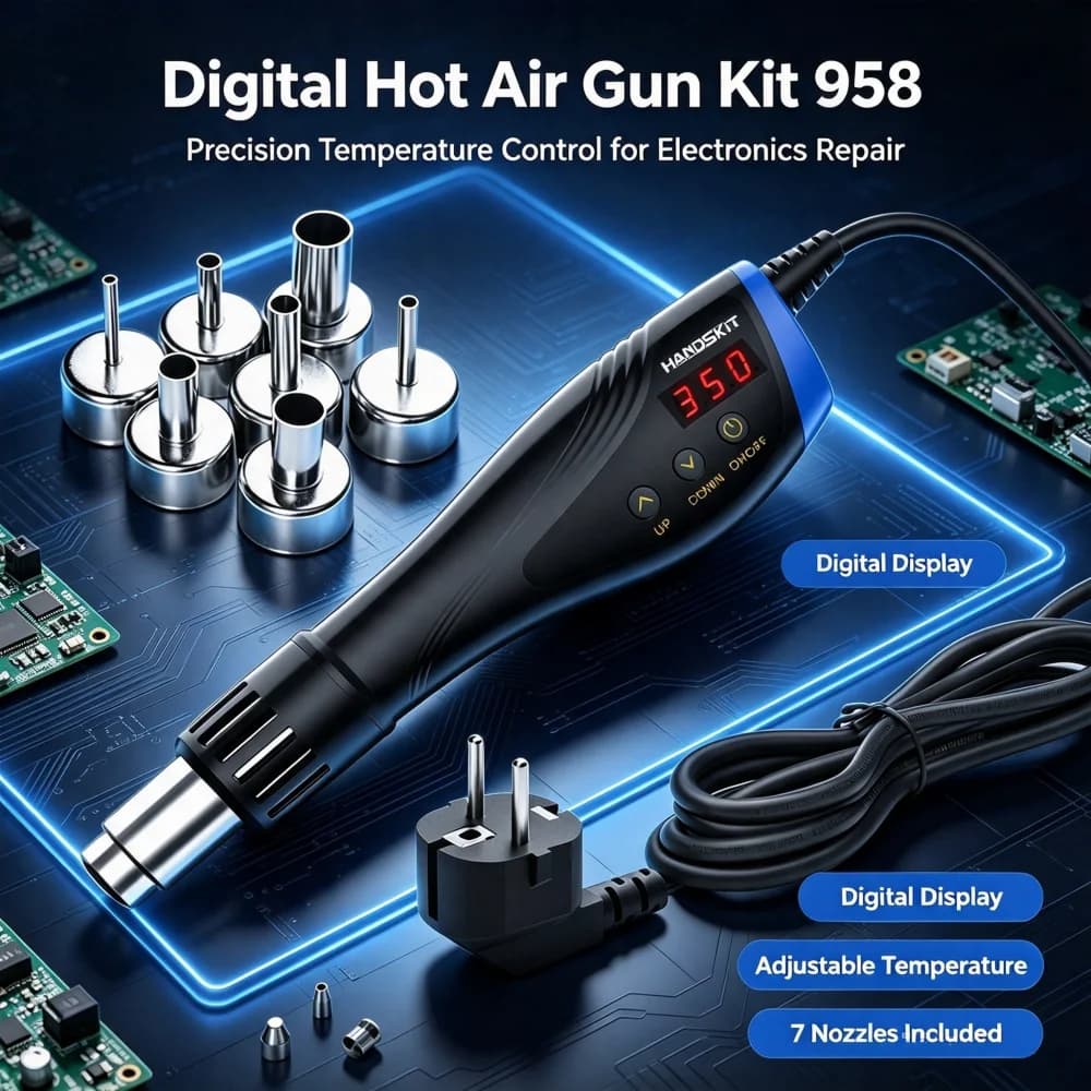 958 220V Digital Heat Air Gun 600W High Power Temperature Adjustable Hot Air Blower,SMD SMT Soldering Repair Tool with 7 Nozzles