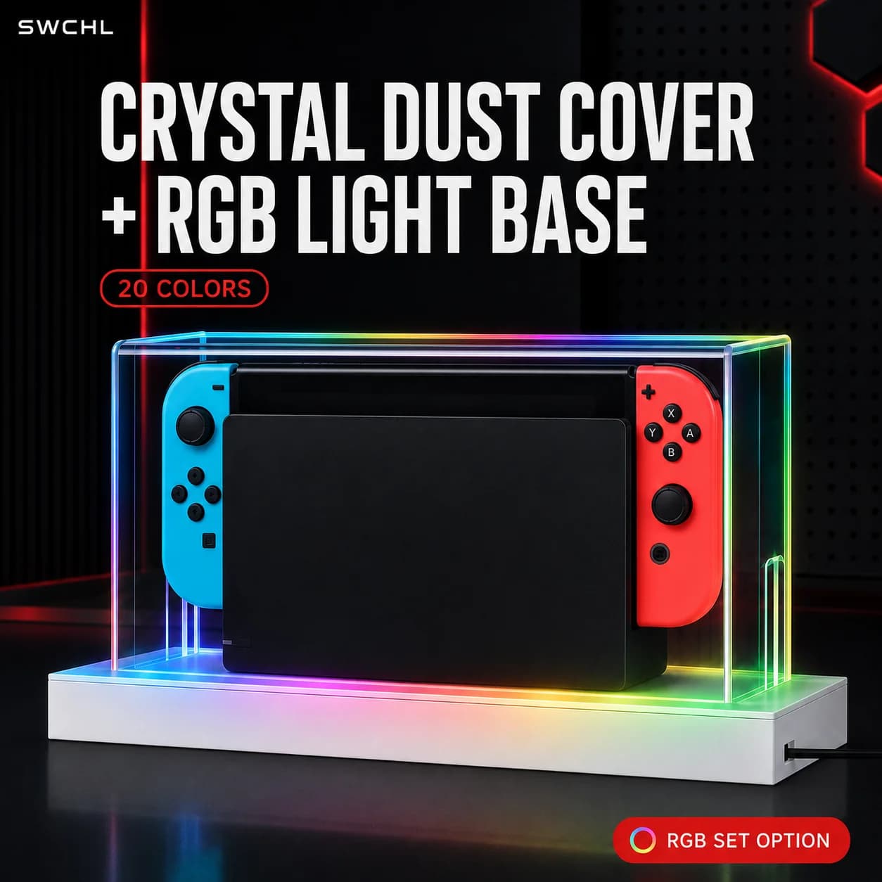 SWCHL Clear Acrylic Dust Cover with 20 Color RGB Light Base for Nintendo Switch 2 OLED V2 Dock Gaming Protective Display Case