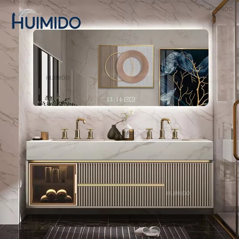 Modern European Double Sink Bathroom Vanity Set with Waterproof Cabinets Counter Top And Integrated Mirror Lights