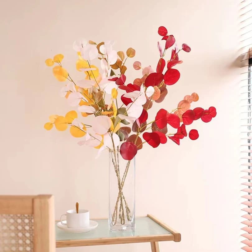 Artificial plant with Long stem, Eucalyptus leaves and 'Money Leaf' leaves for DIY decorations, Weddings, Home, Vases, Office, Festivals and Gifts