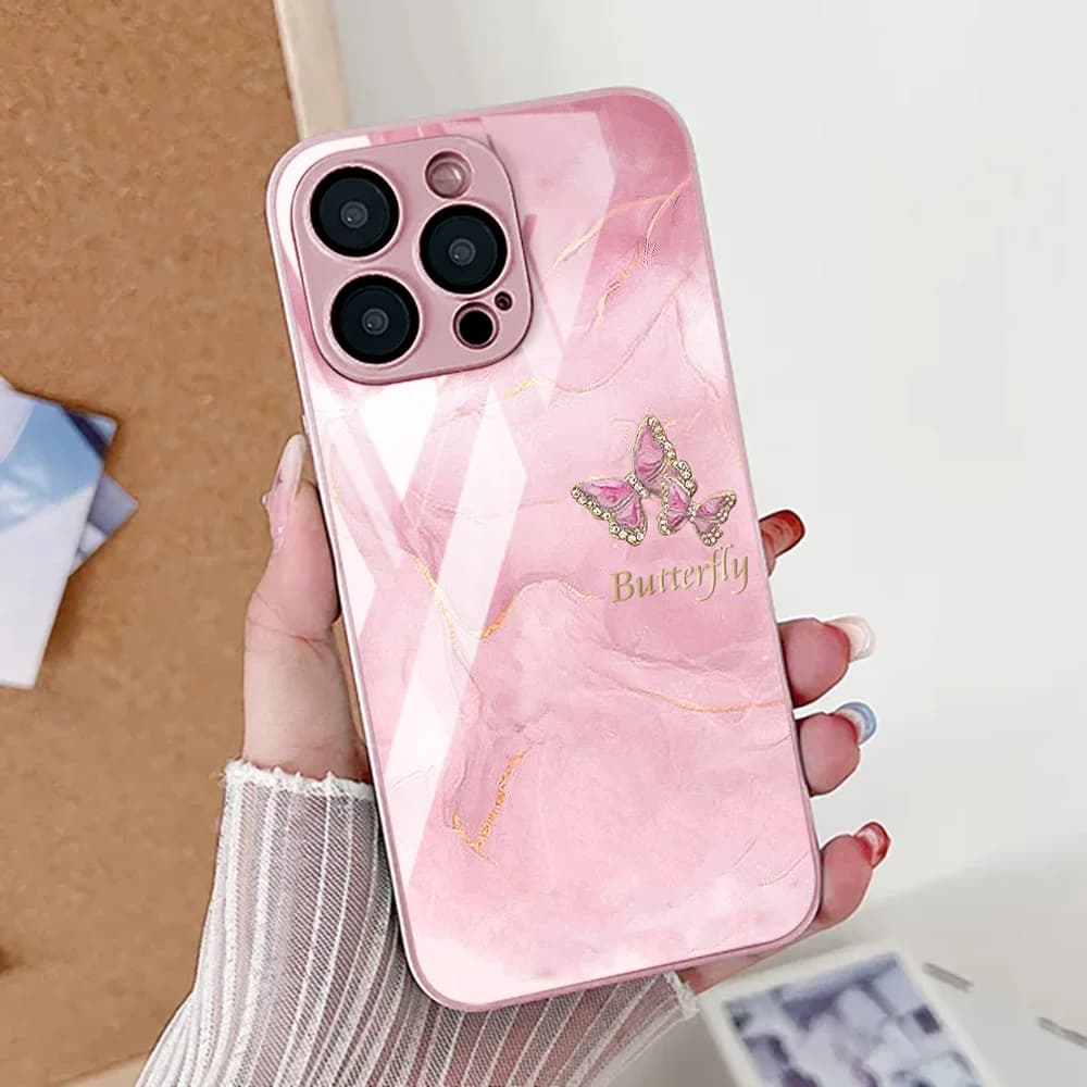 Phone case with marble butterfly pattern for iPhone 17 11 15 13 16 12 14 Pro Max 17 Air 16E SE 2022 7 8 Plus XR Tempered glass cover