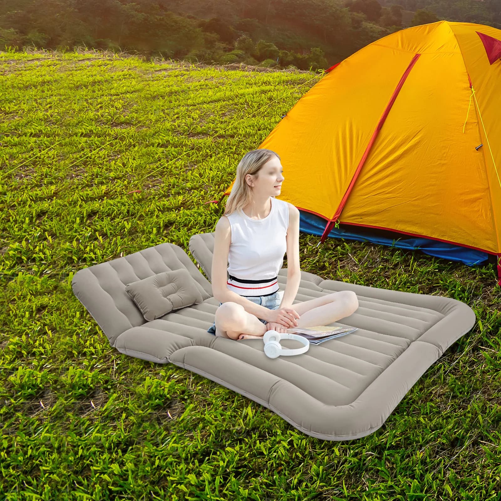 Universal Foldable Inflatable Bed Portable Inflatable Mattress Set Car Back Seat Sleeping Flocking Air Bed Cushion w/Pump+Pillow