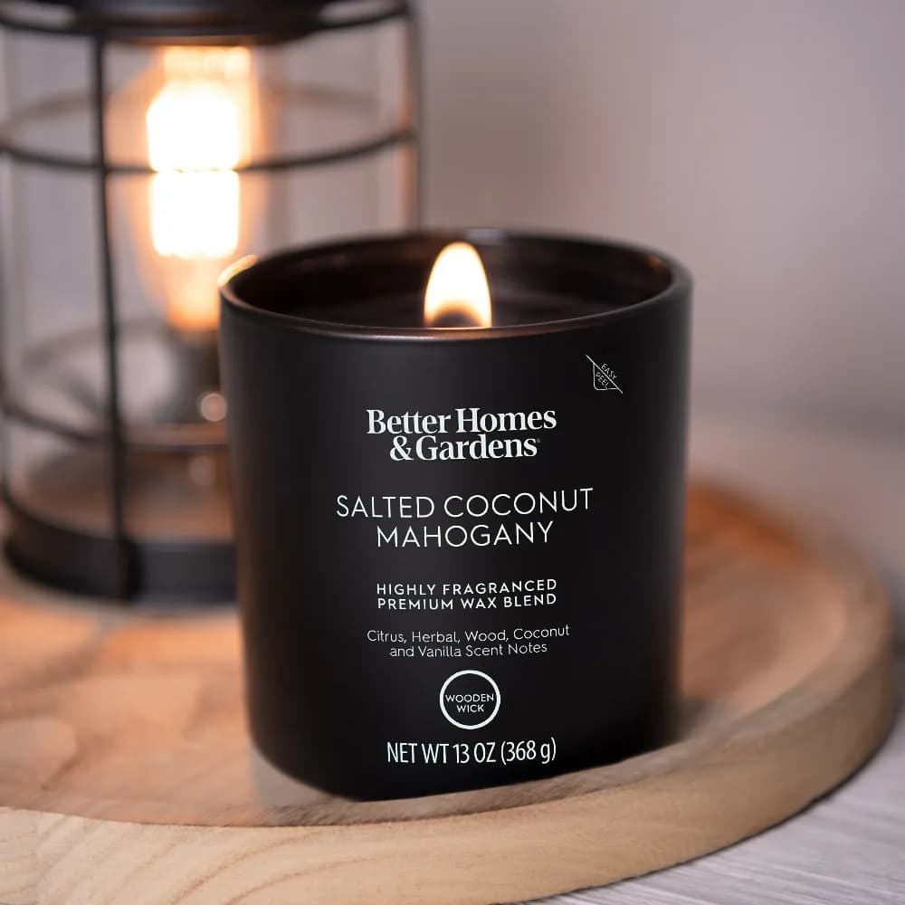 Salted Coconut Mahogany Scented Candle with Wooden Wick in 13oz Glass Jar