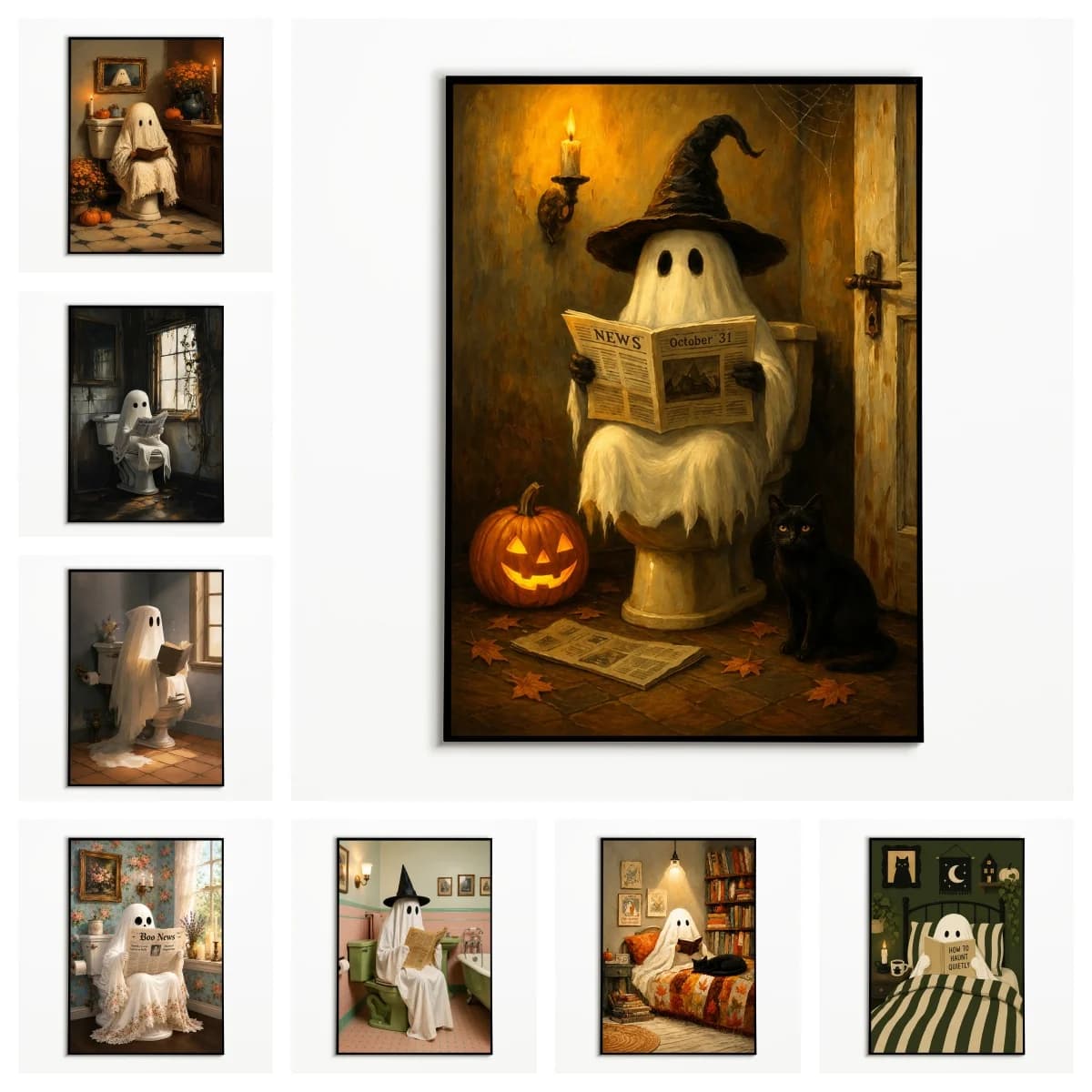 1PC Vintage Ghost Reading Newspaper on Toilet Poster Black Cat Pumpkin Wall Art Autumn Halloween Canvas Printing Fall Gift