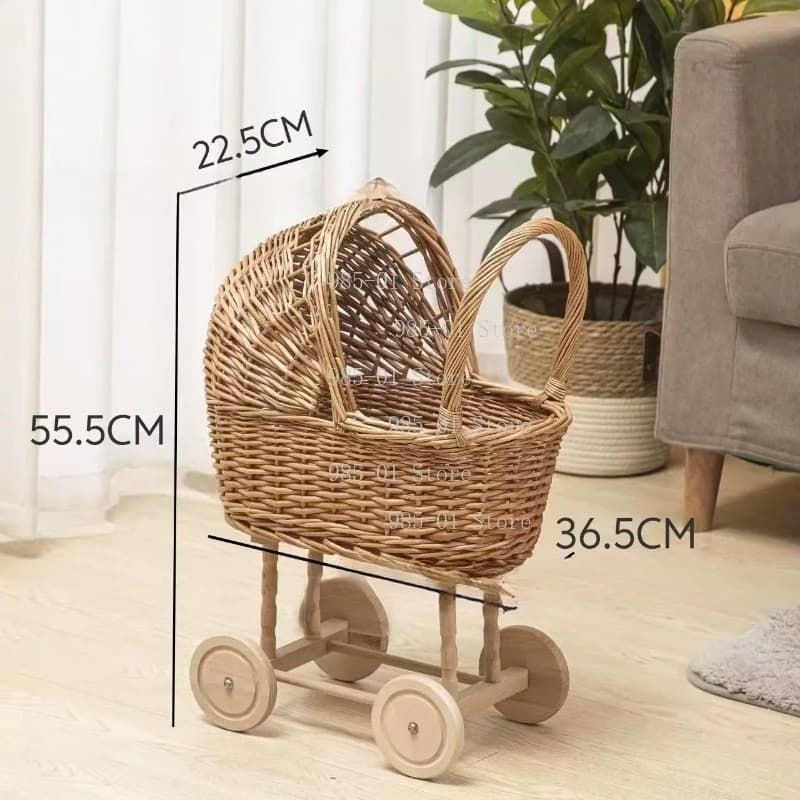 Handwoven Wicker Bassinet Stroller Multi-Functional Storage Basket for Pets Infants Boho Chic Nursery Decor