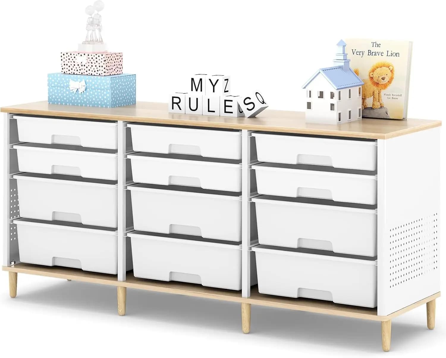 Mobiletto con 12 Cassetti, Piano in Legno e Contenitori in Plastica, Organizzatore per Giocattoli per Casa, Ufficio, Sala Giochi, Aula