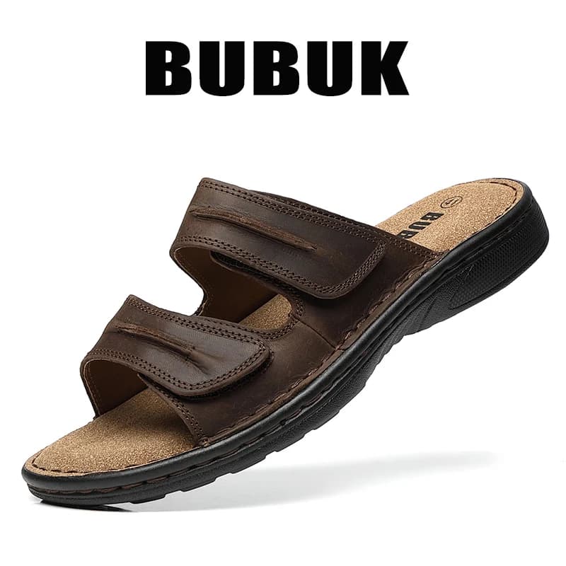 Pantofole slip-on da uomo in vera pelle Bubuk, sandali da spiaggia in pelle di vacchetta di primo strato, scarpe casual da uomo, correzione del supporto dell'arco plantare, cinturini in velcro regolabili, adatti per abbigliamento interno ed esterno