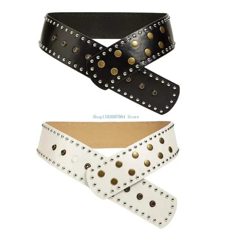 N7YF Retro Punk Styles Belt Adjustable Waist Strap For Men Women Faux Leather Studded