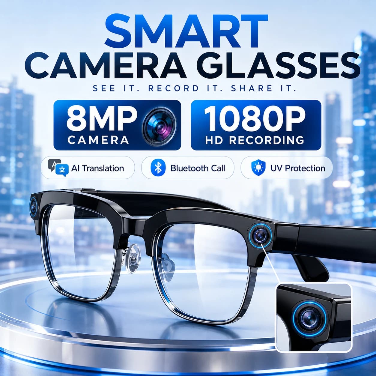 2026 Newest 8MP Smart Camera Glasses 1080P HD Video Recording AI Language Translation Bluetooth Call UV Protection for Men Women