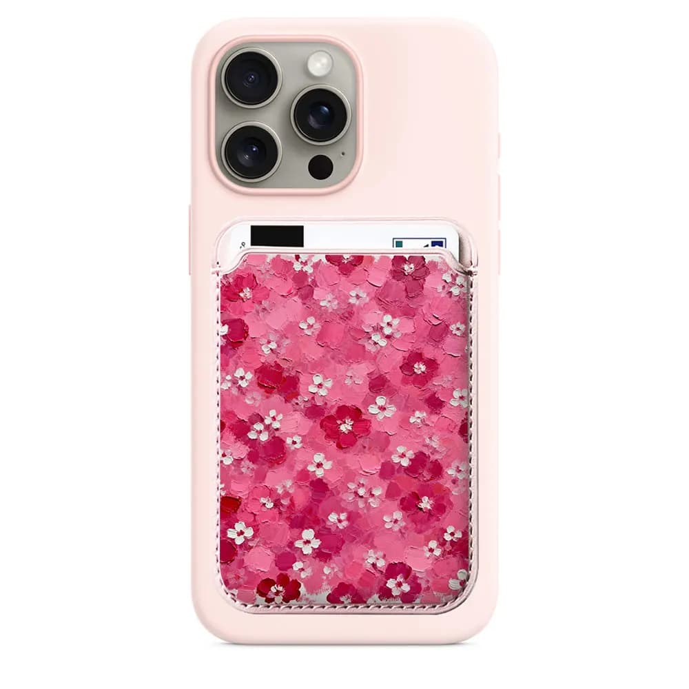 Pink Case with Floral Pattern Painted Oil, Magnetic Card Holder for MagSafe, for iPhone 17 Pro Max and Samsung Galaxy S26 S25 FE