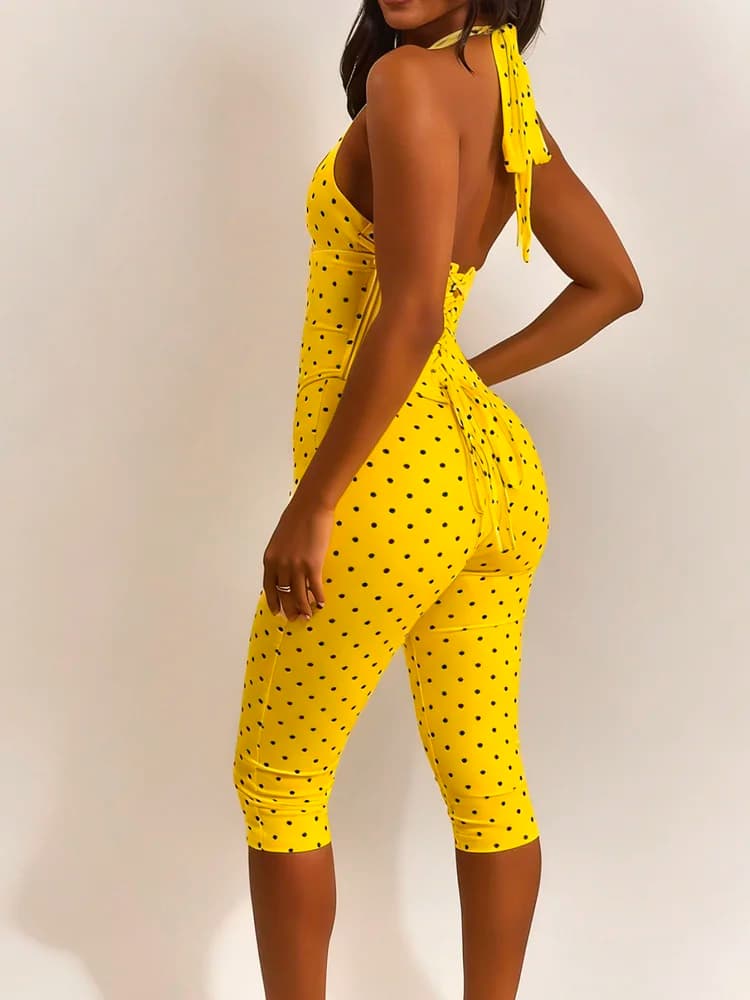 Retro Polka Dot Sexy Halter Jumpsuits Womens Romper 2026 Summer Fashion Skinny Lace-Up Corset Capri Outfit Fake Two Piece Sets