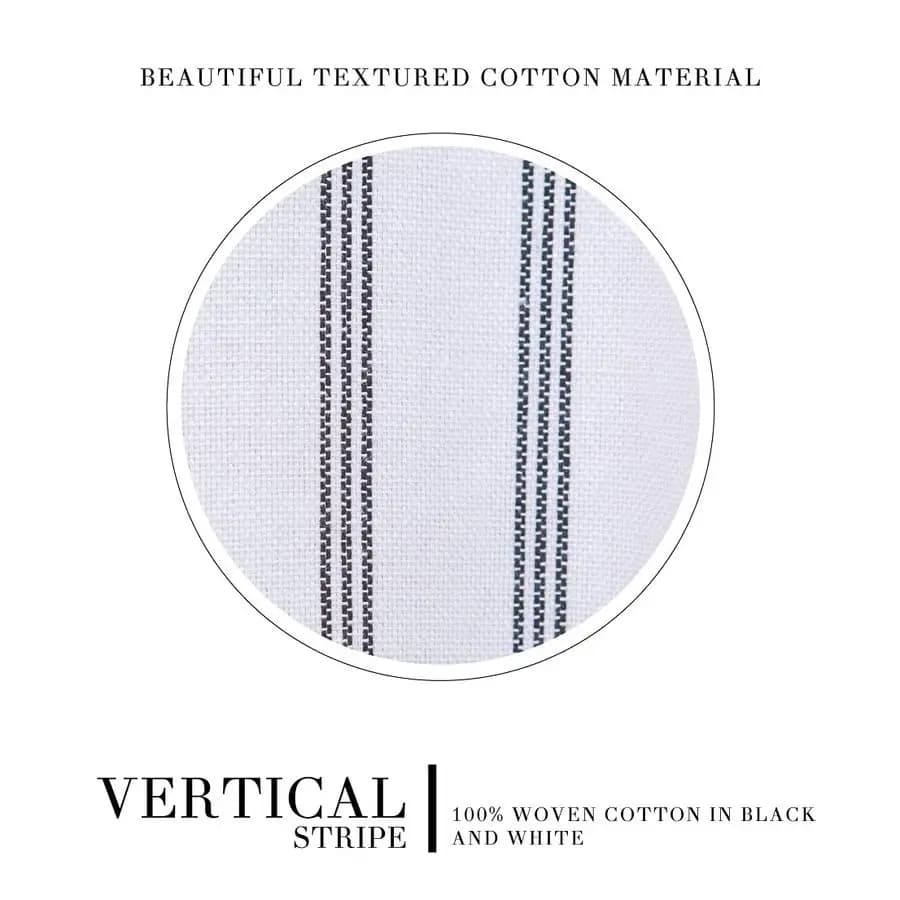 Modern white striped shower curtain with tassels, black striped vertical lines, 100% cotton, 72 x 84