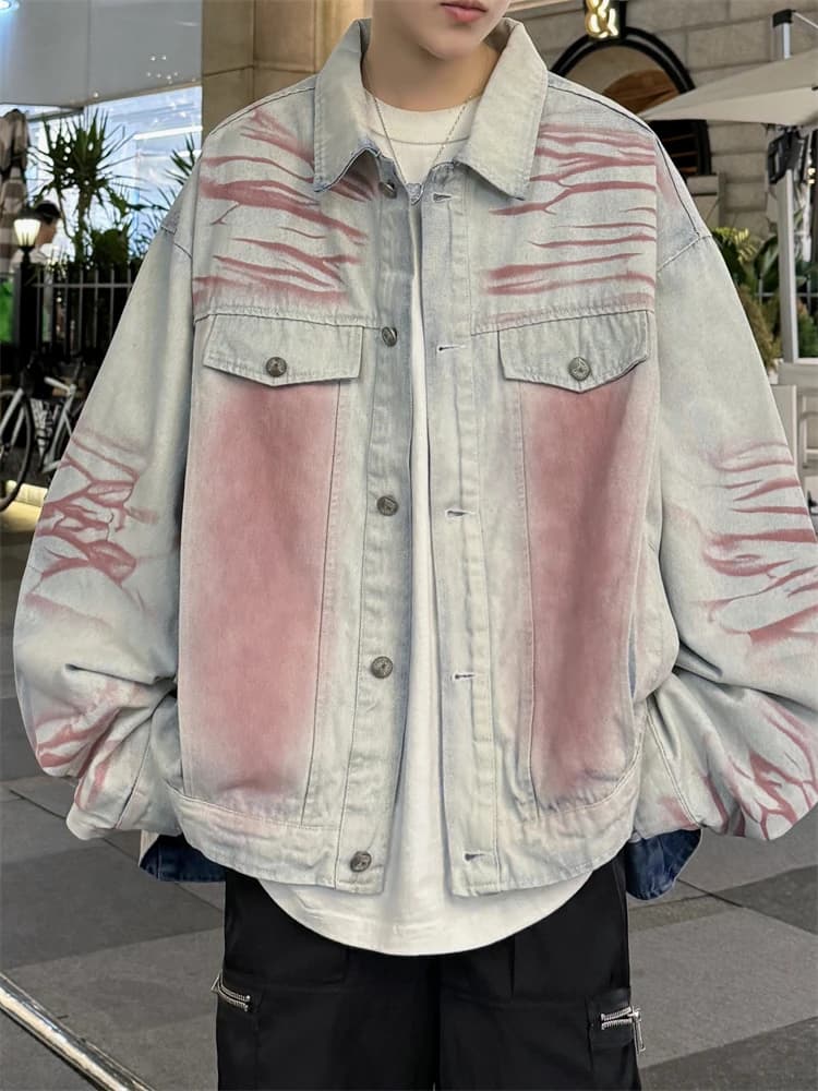 Retro American Washed Straight Spray Macau White Jeans Men's Loose Versatile Gradient Couple Jacket Coat Long Sleeve Flip Collar