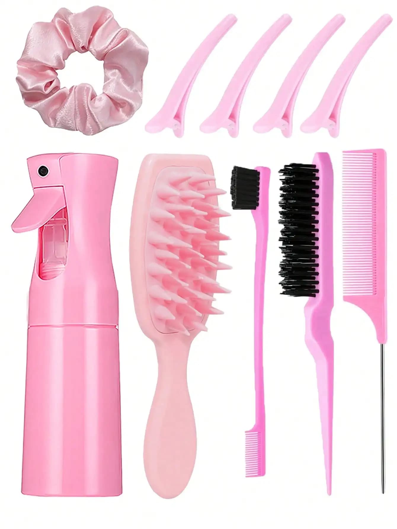 Set di spazzole per massaggio del cuoio capelluto in silicone da 1/10 pezzi, inclusi 1 flacone spray continuo ad alta pressione da 200 ml, 3 spazzole per acconciature, 1 elastico per capelli grande, 4 fermagli per frangia. Adatto per saloni, barberie, uso domestico e in viaggio, adatto a tutti i tipi di capelli, per artigianato