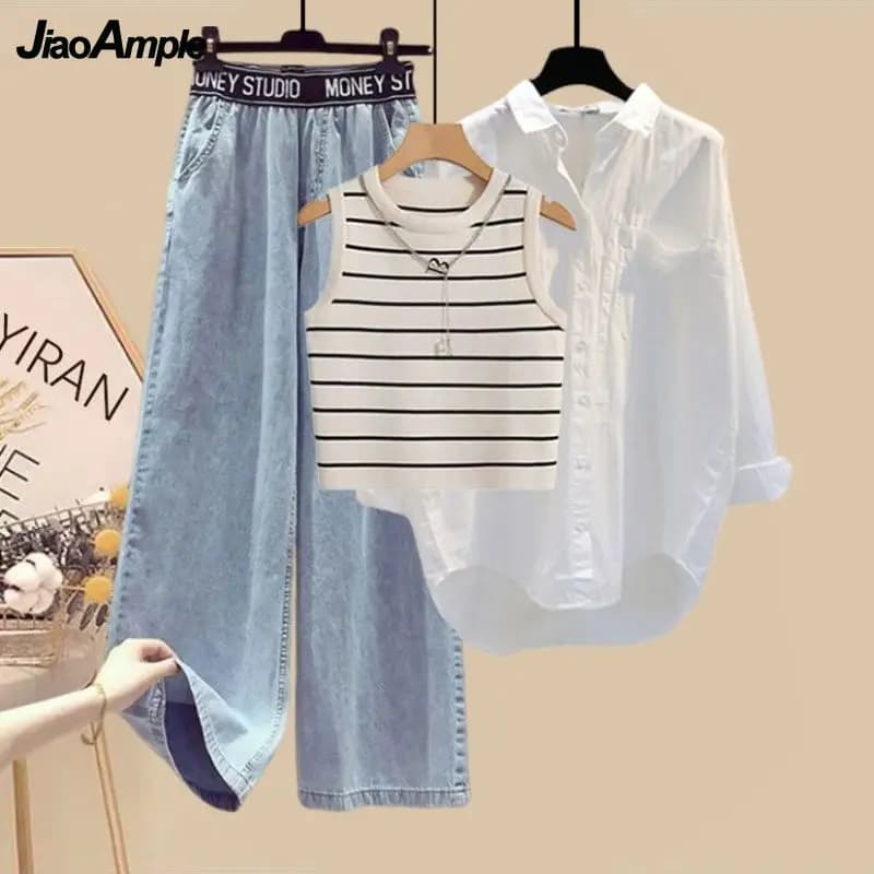 Women's Completion 3 Pieces Spring Summer 2026: Solar Protective Shirt + Waist vest + Jeans in Gamba Larga - Set Coordinated Elegant Denim Korean Style