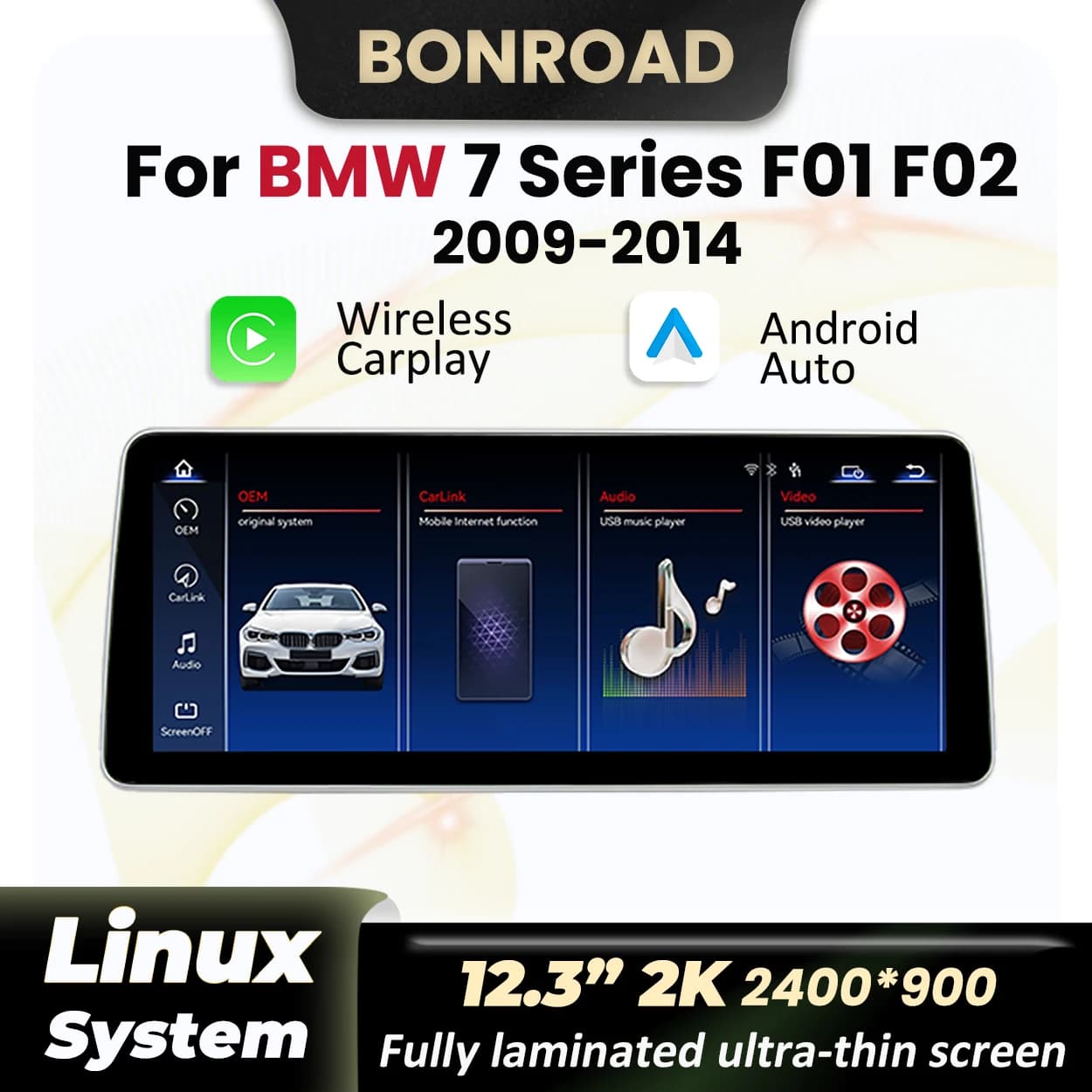 BONROAD Schermo Radio per Auto 12.3" 2K Ultra Sottile con CarPlay Wireless e Android Auto per BMW F01 F02 2009-2014 Sistema NBT CICI