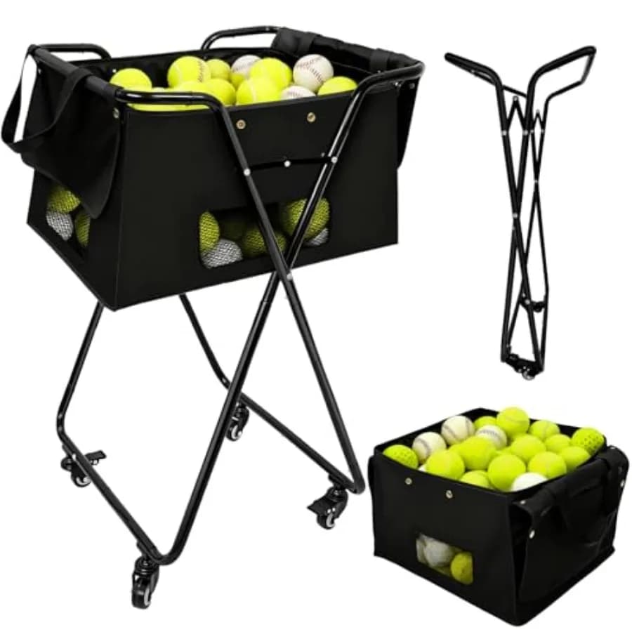 Carrello Portapalle da Tennis con 4 Ruote, Pieghevole, Grande Capacità, Raccoglitore di Palline da Pickleball e Tennis per Allenamento e Coaching in Campo