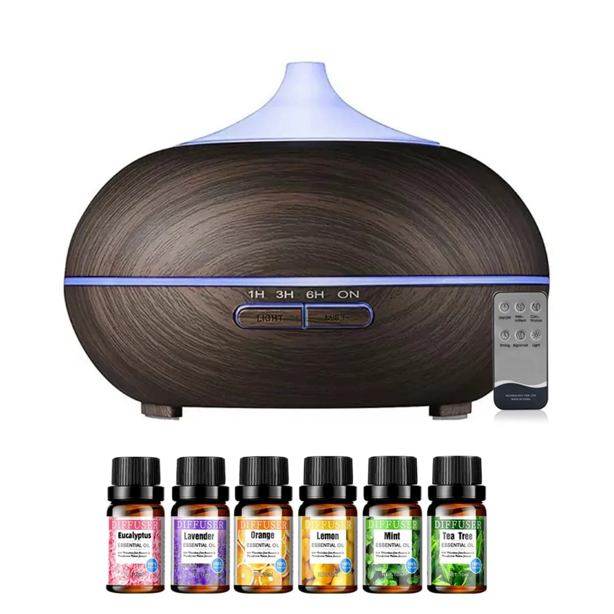 Diffusore di Aromi e Umidificatore a Nebbia Fredda da 550ml con Effetto Legno, Telecomando, Timer, Spina USA