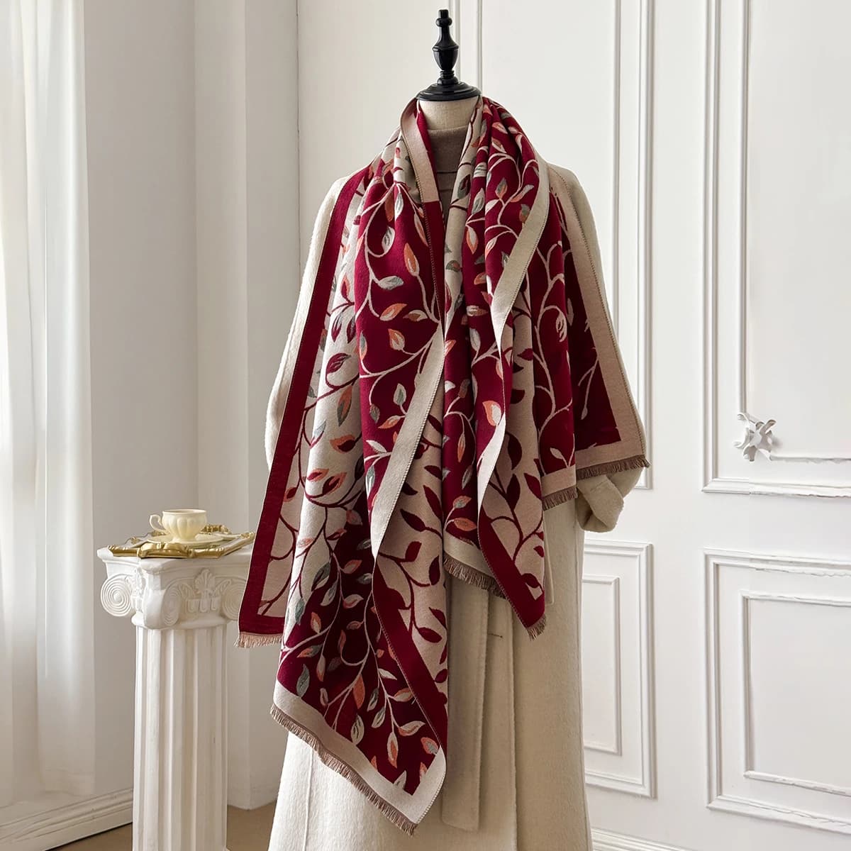 Brand Fashion Women's Cashmere Winter Shawl - Vintage Oil Painting Leaf Printed Tasseled Pashmina Thick Wrap & Echarpe Poncho
