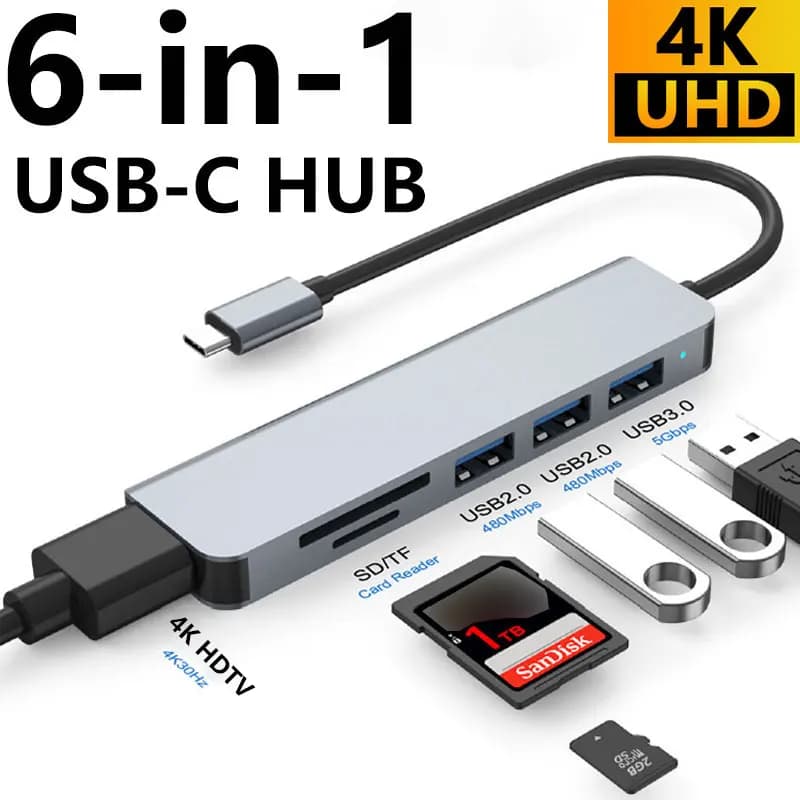 USB-C 6-in-1 Hub, 4K HDTV Video Output, USB 3.0 5Gbps, USB 2.0, TF SD Card Reader, Multiport Adapter