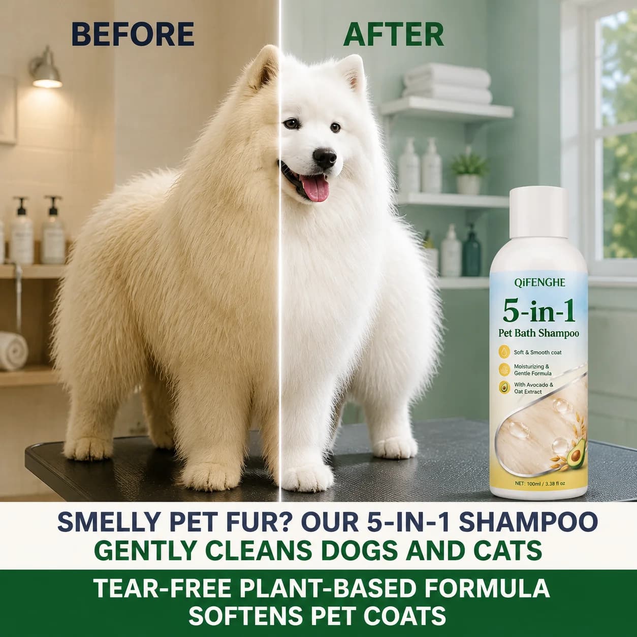 Deep Cleansing and Odor Removal 5-in-1 Pet Shampoo for Seasonal Fur Care, Avocado Oat, Soft Smooth Coat, 100ml (3.38 fl oz)