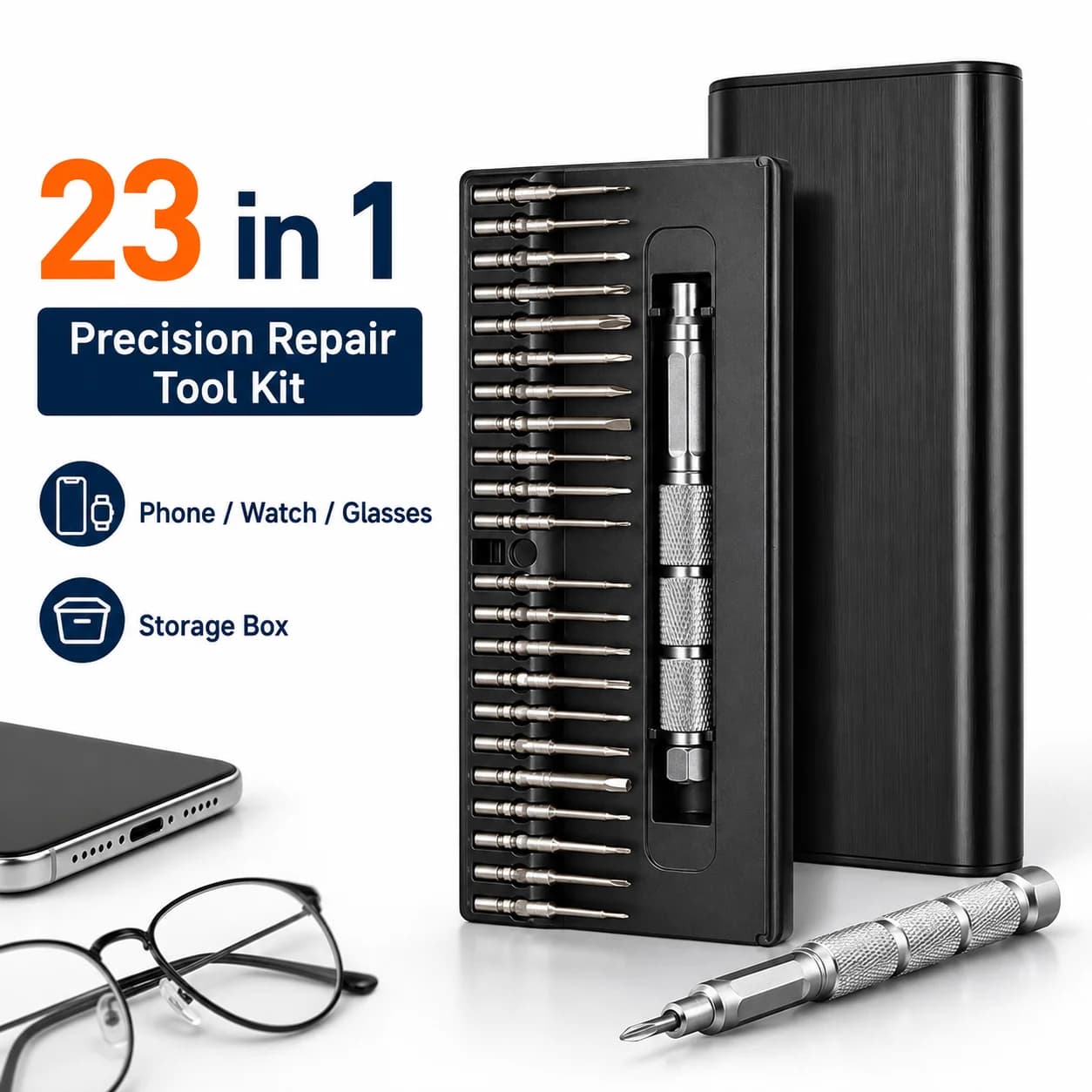23 in 1 Precision Screwdriver Set Repair Tool Kit for Phone Tablet Watch Glasses Electronics PC Camera Home DIY with Storage Box