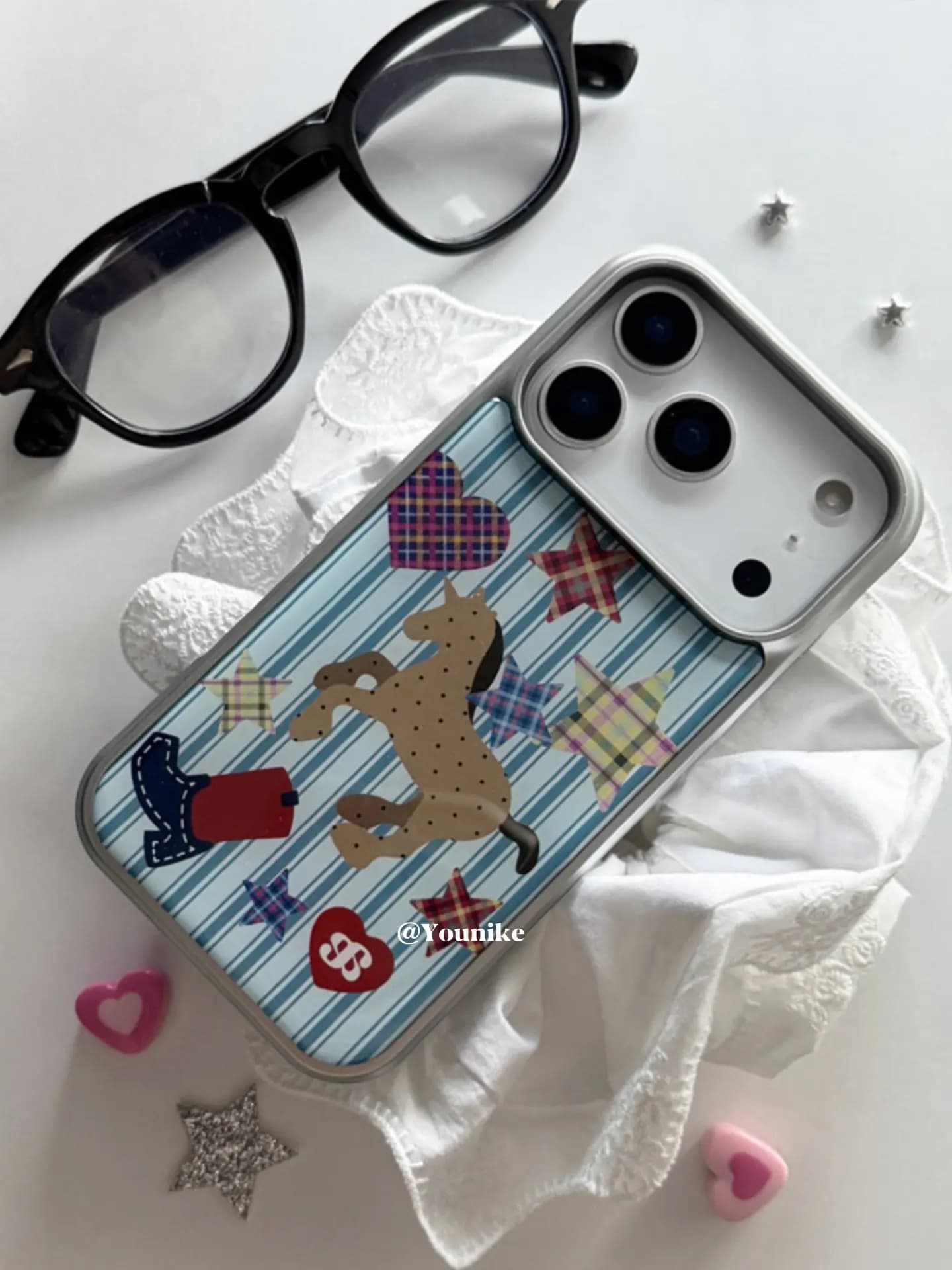 Korean Ins Blue Striped Polka Dot Pony Heart Star Phone Case For iPhone 17 Air 16 15 14 13 12 11 Pro Max max Plus Y2K Cover
