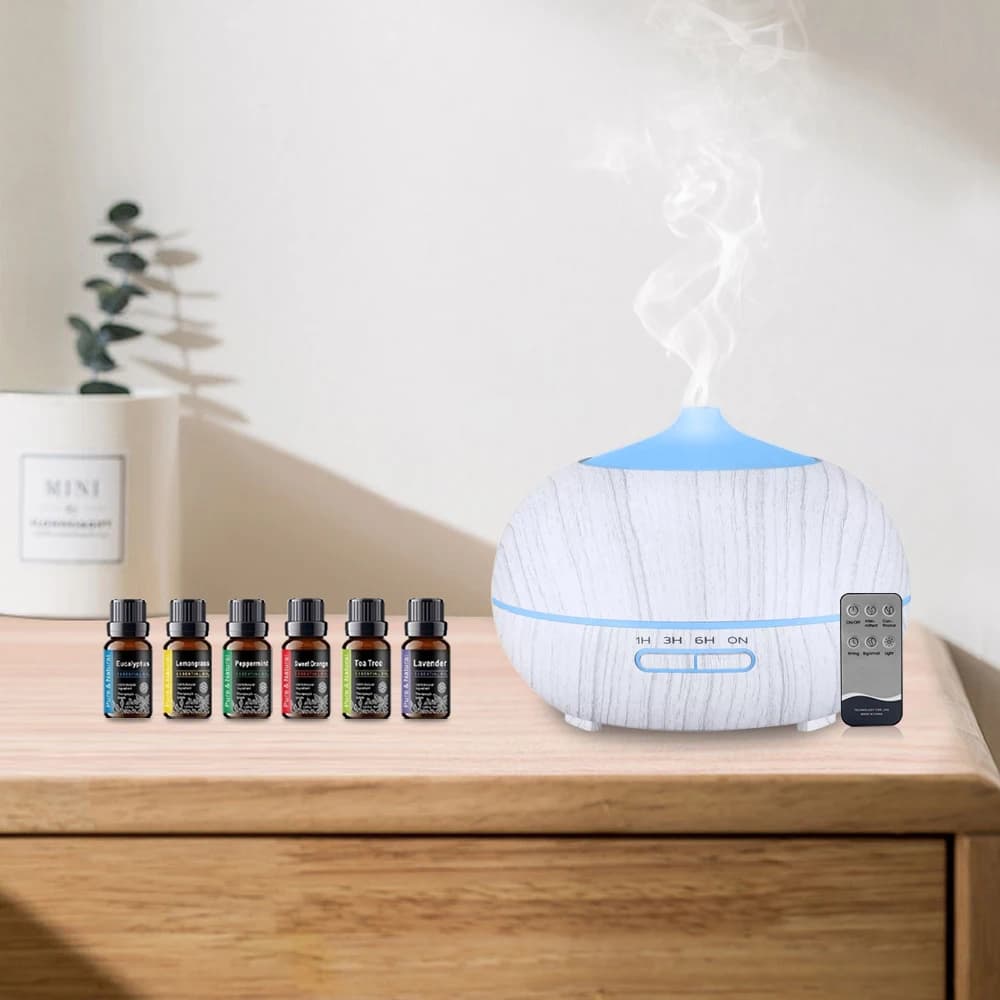 Diffusore di oli essenziali con venature del legno (550 ml) con telecomando, LED a 7 colori e 6 oli Set definitivo per aromaterapia e umidificatore