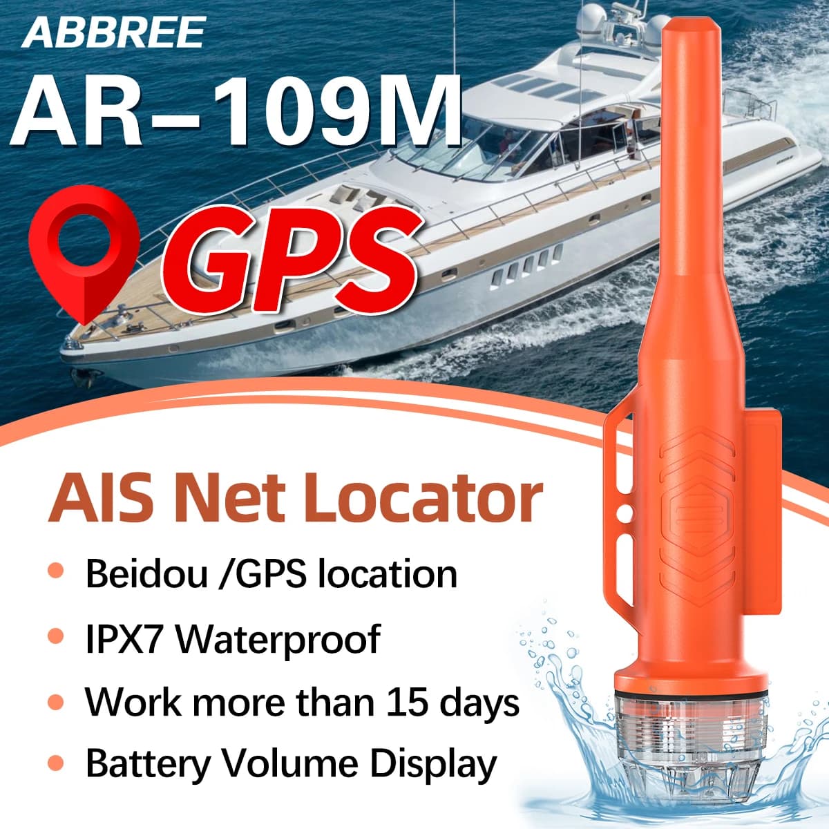 ABBREE AR-109M Misuratore di posizione per rete da pesca per uso in barche marine Invia posizione AIS Localizzatore anti-smarrimento GPS impermeabile IPX7 con antenna