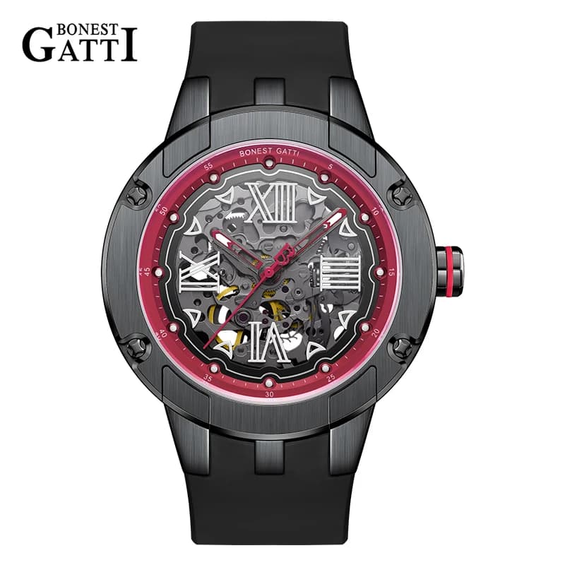 BONEST GATTI Automatic Mechanical Movement Watch Waterproof Skeleton Stainless Steel Watchcase Rubber Strap Watches For Men