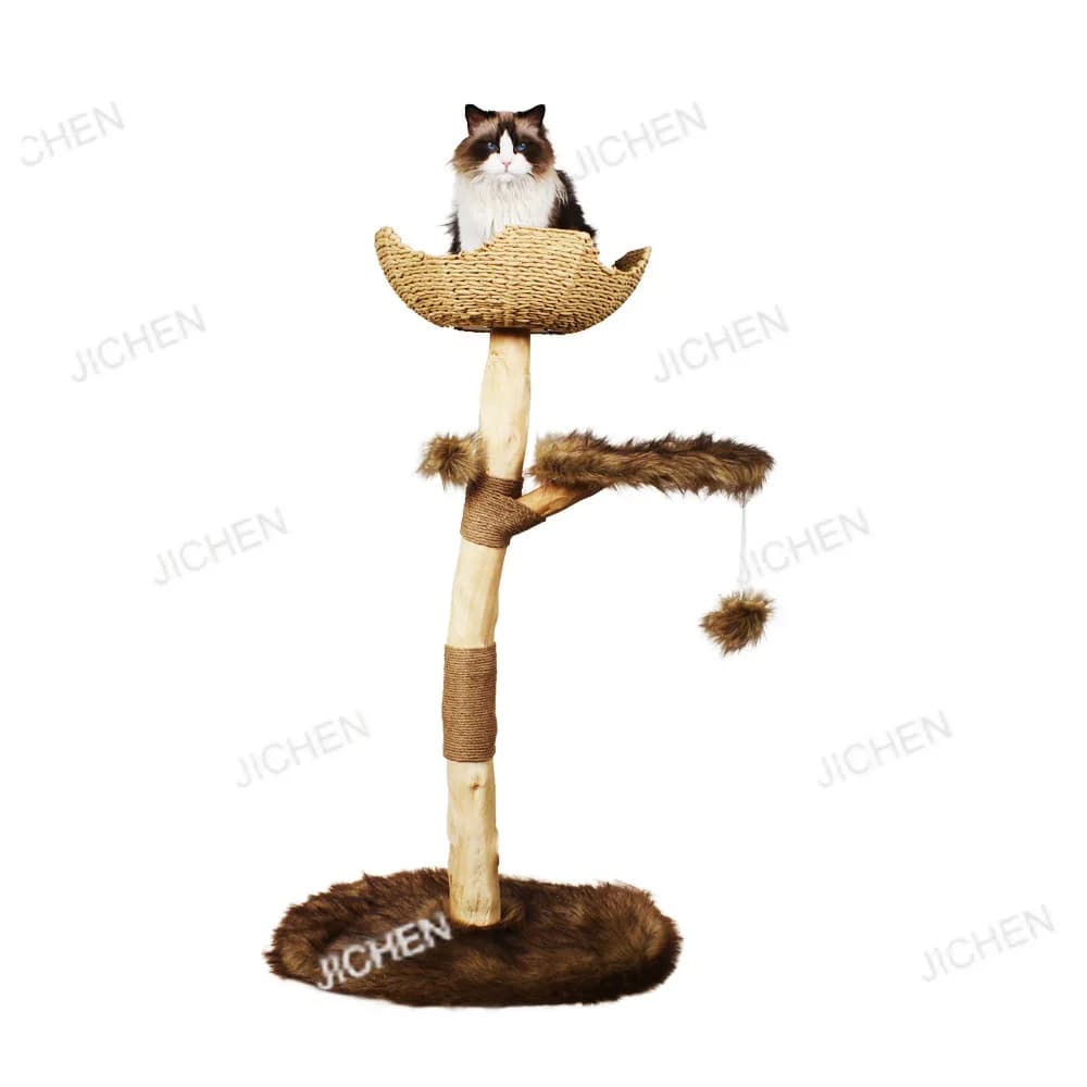 Tiragraffi per gatti multiuso con tronco d'albero simulato, rami, piattaforma di salto, colonna in legno massello, peluche ispessito e stabile
