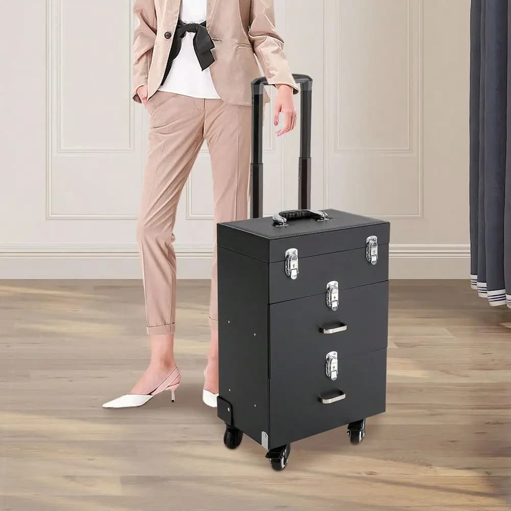 Makeup Train Case, Large Makeup Trolley Case, Travel Cosmetic W 4 Wheel Nail Polish Organizer Storage Black Pink