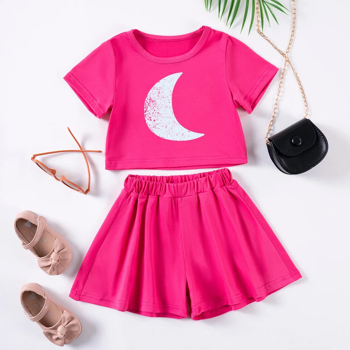 2025 Summer Girl's Moon Suits Casual Children's Clothing Print Round Neck Short Sleeve Top and Loose Shorts Breathable Clothing