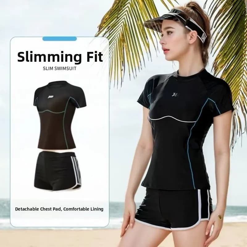 Costume da bagno sportivo da donna Amber Plus Size con imbottitura sul petto, in nylon ed elastan, a girocollo, a maniche corte