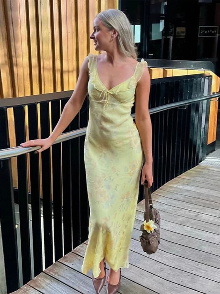 Elegant Women's Long Dress Print Ruffles Sleeveless V-neck Slim Suspender Dresses Fashion Lady Summer Party Vacation Long Robe