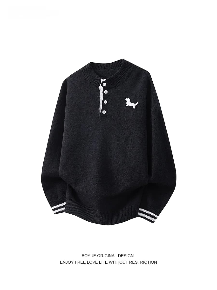 Maglione Casual BOYUE con Collo alla Coreana, Design Ricamato di Cane Salame, Maglia Lunga da Uomo per Autunno e Inverno