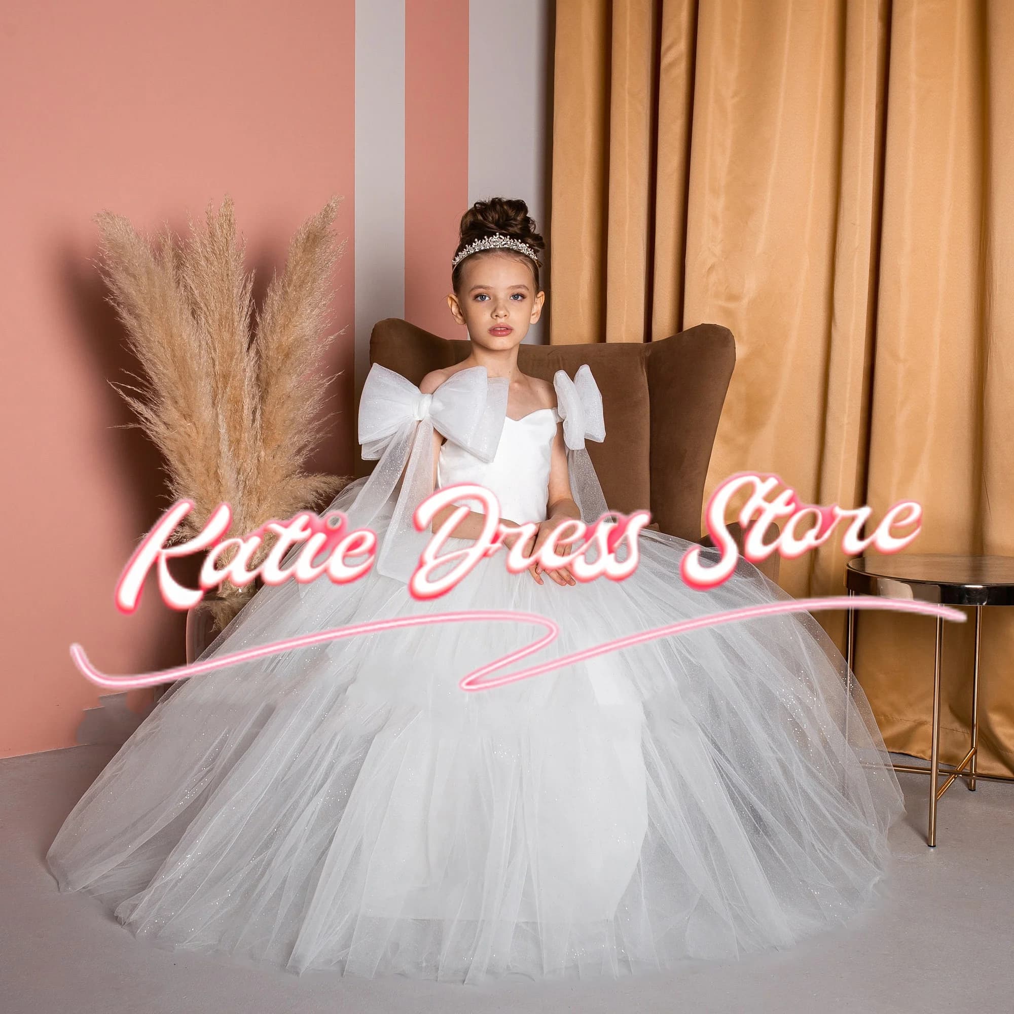 Abito da ragazza di fiore in tulle bianco gonfio con fiocco per matrimonio, festa di compleanno per bambini, abiti da ballo per prima comunione personalizzati
