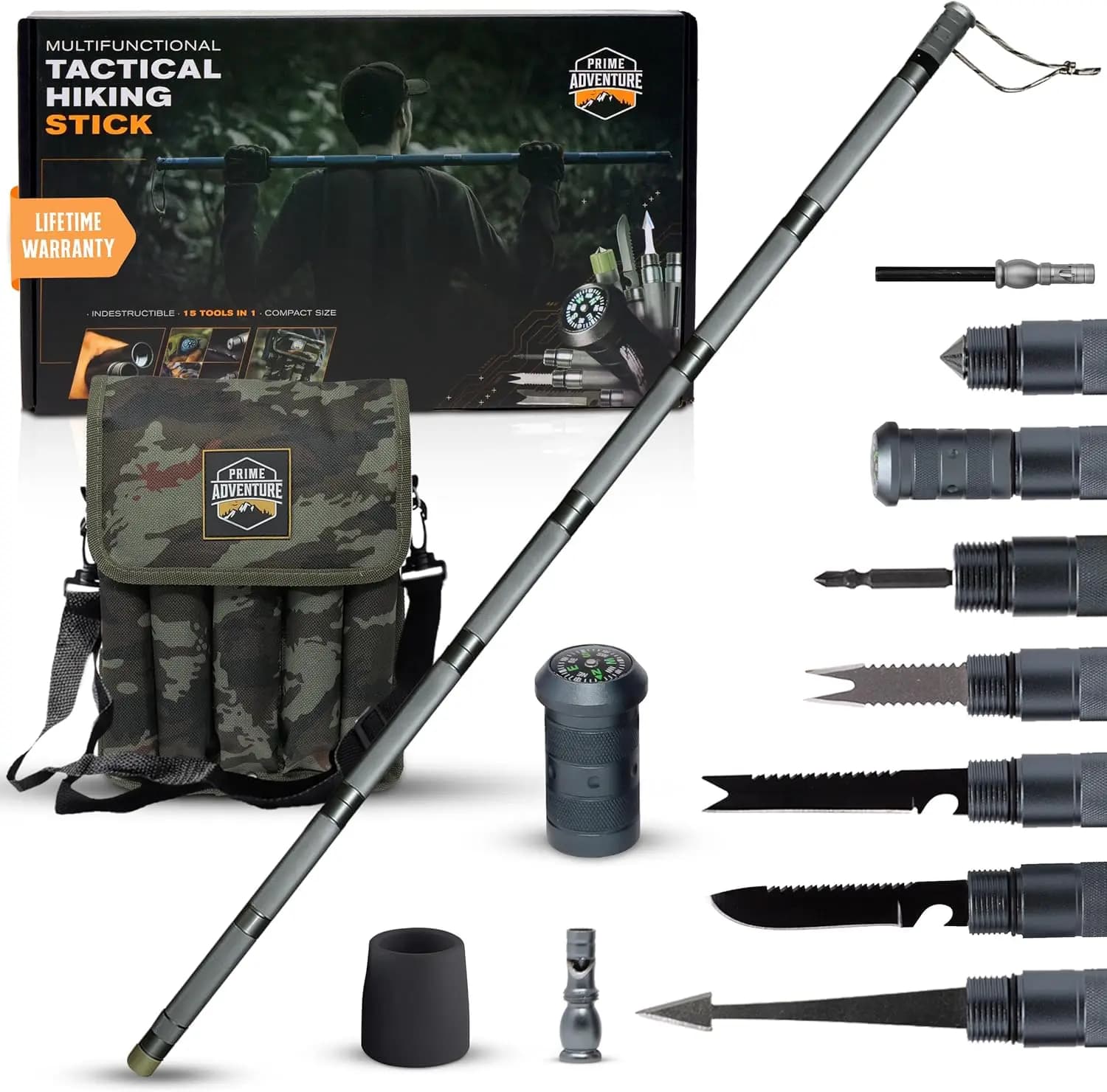 Bastone tattico da escursionismo - Bastone da trekking pieghevole, multiutensile 15 in 1, attrezzatura da esterno a 8 tubi