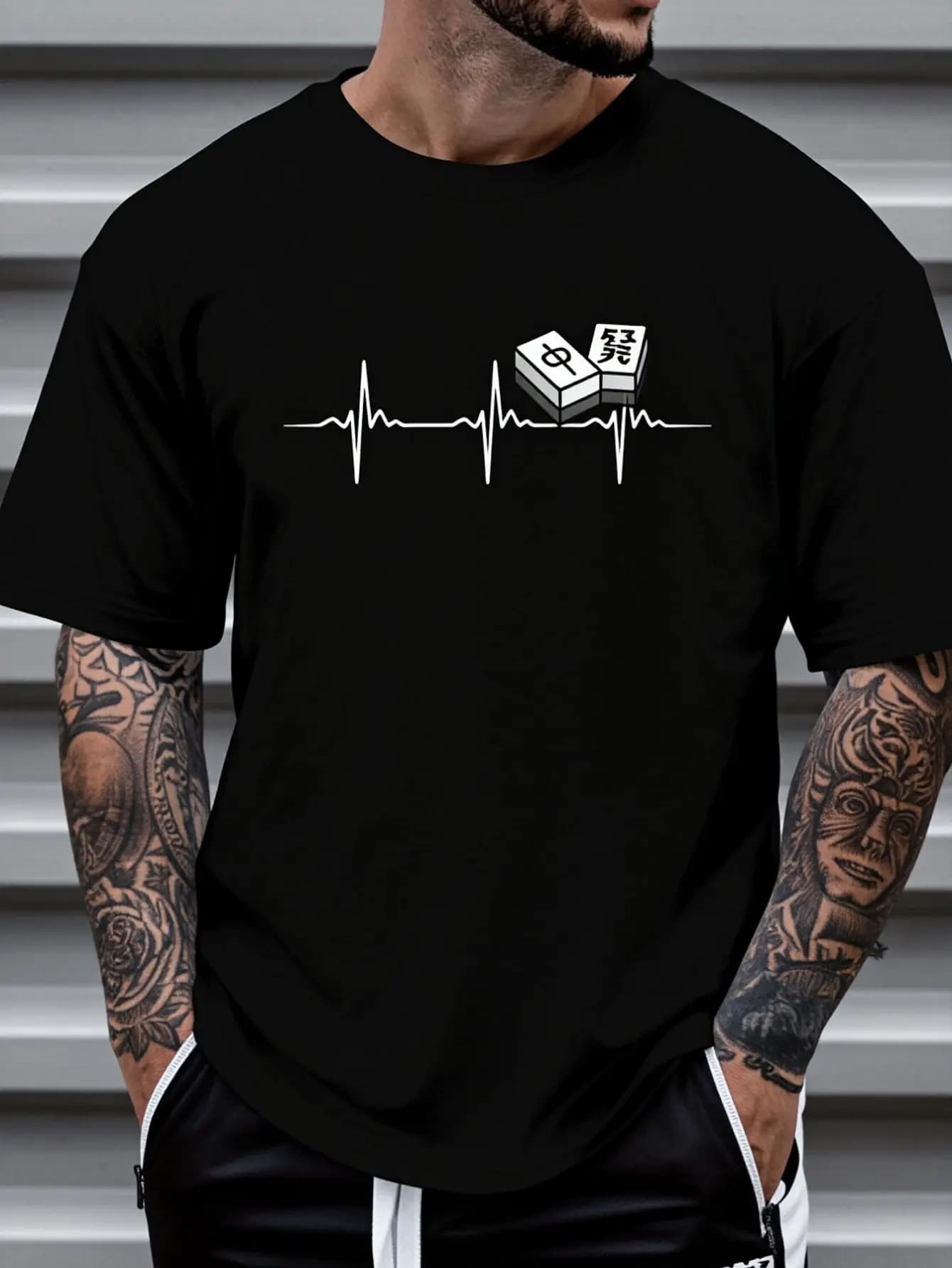 100% Cotton Playing Mahjong Mahjong Tiles Design Mahjong Heartbeat T-Shirt Fashion Women's Men's Graphic Tee Causal Tops
