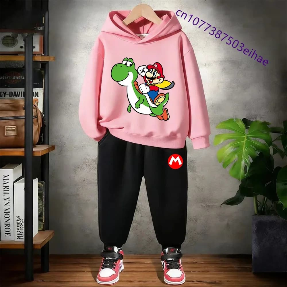 Completo 2 Pezzi per Bambini con Stampa Cartoon Super Mario, Felpa con Cappuccio e Pantaloni, Abbigliamento Casual Sportivo per Ragazzi e Ragazze 3-12 Anni