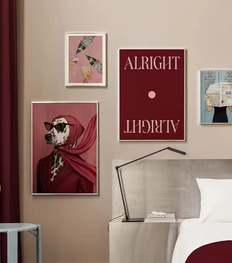 (2D canvas painting) Dalmatian Canvas Painting Modern Abstract Dog with Red Scarf and Burgundy Cherries Wall Art Print Poste