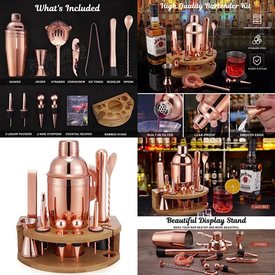 Bartender Kit with Bamboo Stand, 12 Pcs 25oz Cocktail Shaker Set with All Essential Bar Tools Set for Drink Mixing, Ideal Gifts