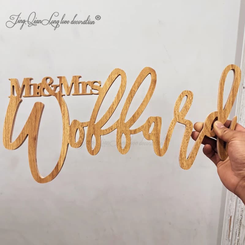 Wedding background with custom name, wooden decoration of Mr. and Mrs, wedding decorations with last name sign