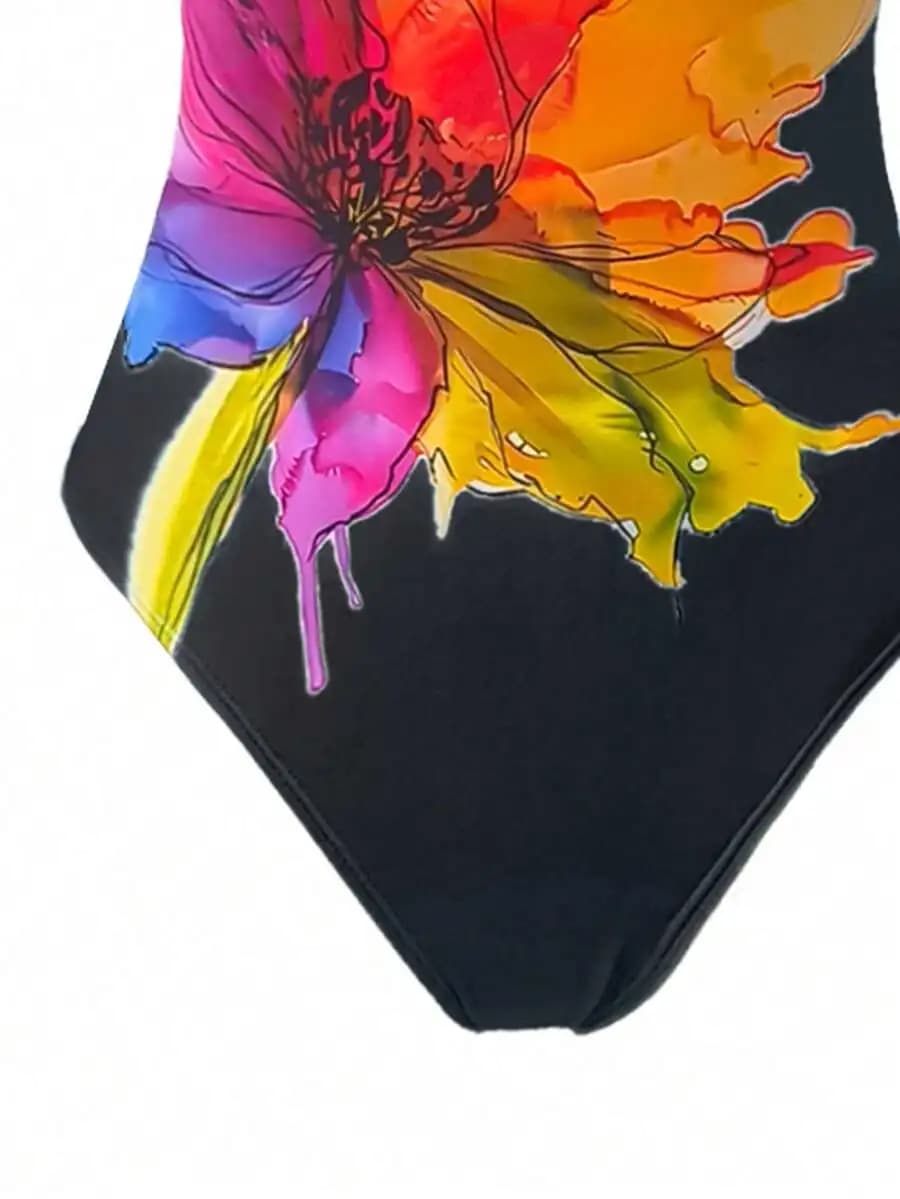 Women Floral Print One Piece Swimsuit With Skirt Cover Up